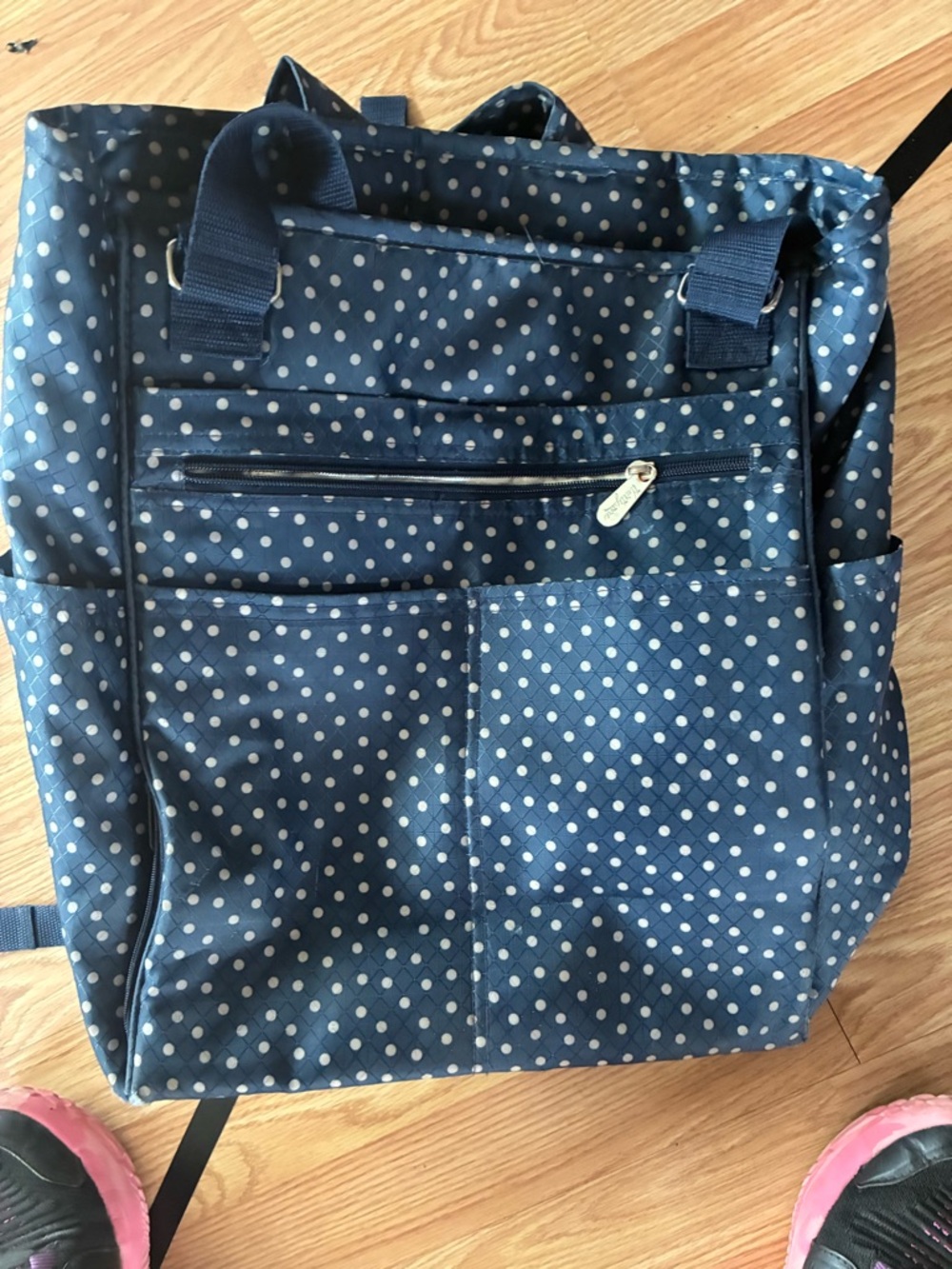 Navy Polka Dot Backpack with Front Pockets
